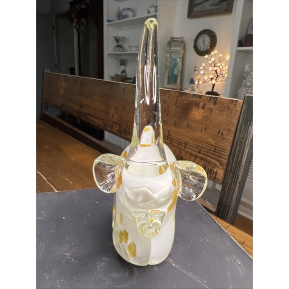 Elephant Art Glass White With Gold Spots Trunk Up Paperweight Figurine , 5 1/2 “ - Picture 4 of 7